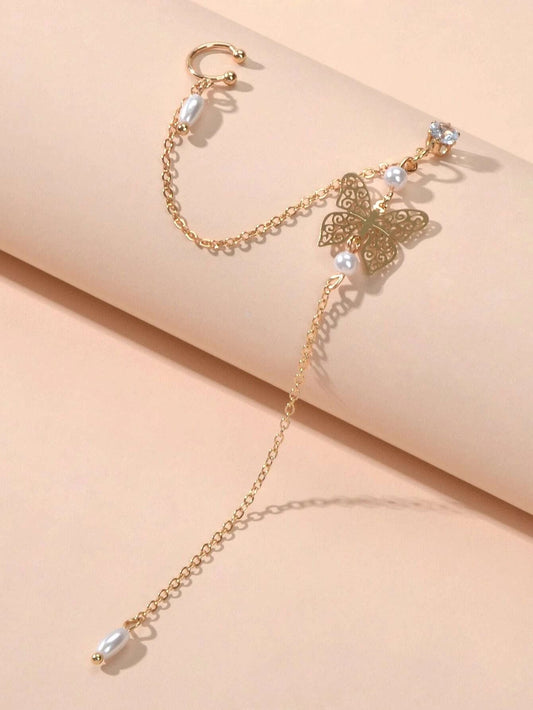 1pc Crystal Pearl Butterfly Long Chain Cartilage Stud Earring Stunning