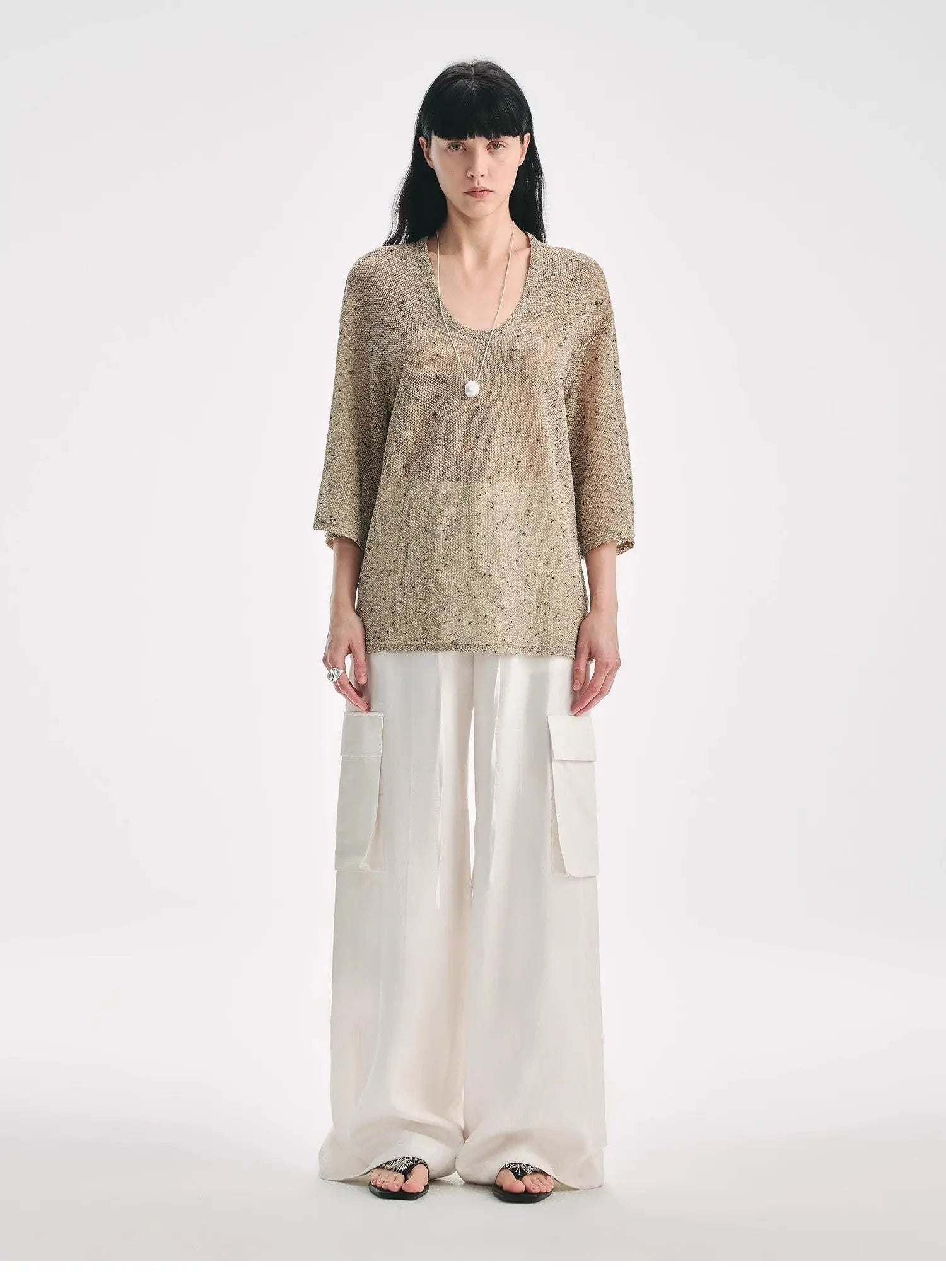 Loose U-neck 3/4 Sleeve Cotton and Linen T-shirt Summer "Inspiration" | Breathable & Chic | Brown Coeus