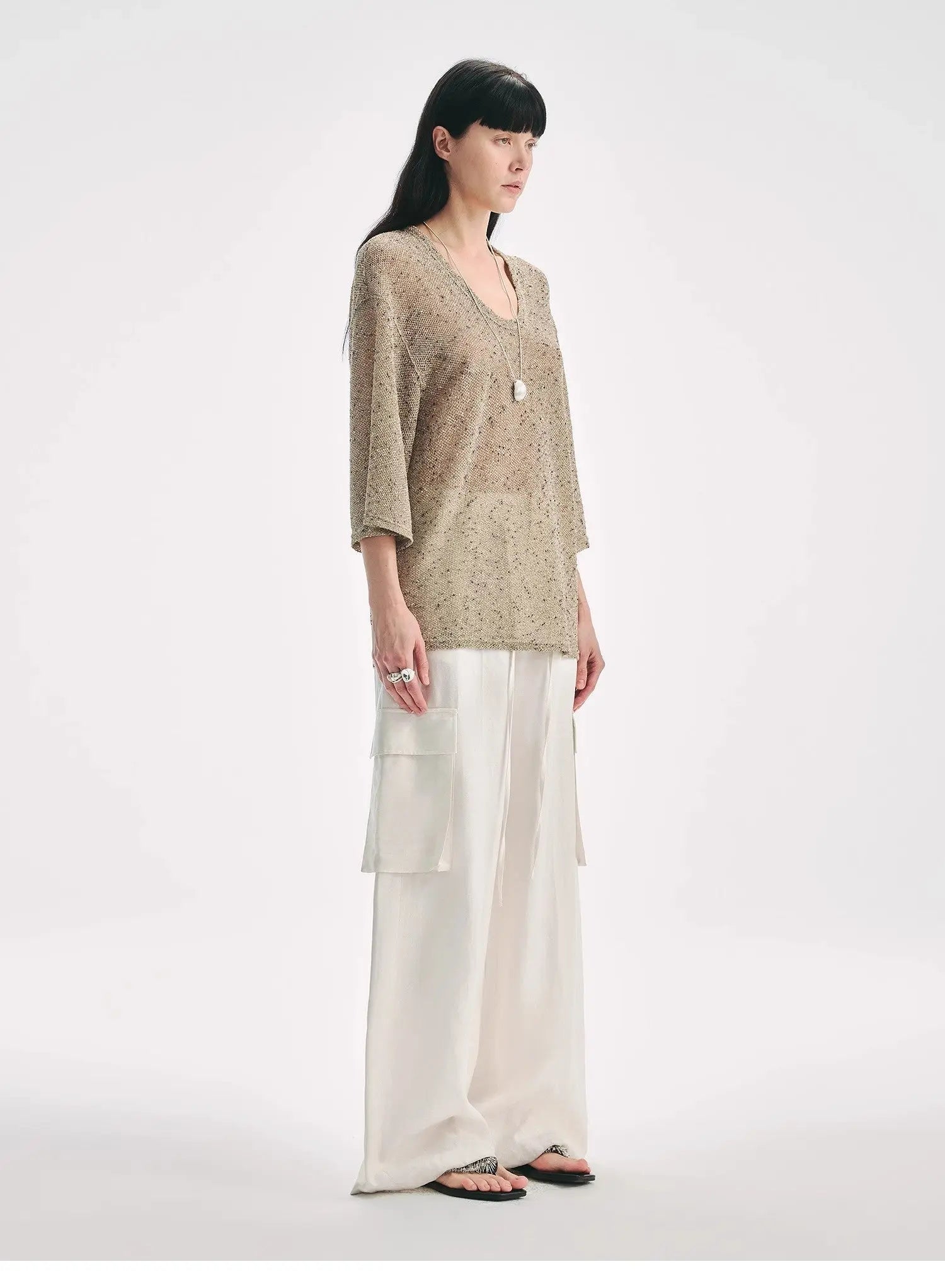 Loose U-neck 3/4 Sleeve Cotton and Linen T-shirt Summer "Inspiration" | Breathable & Chic | Brown Coeus