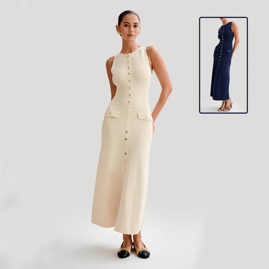 Elegant Knitted Sleeveless Dress With Single Breast Fashion Slim Round