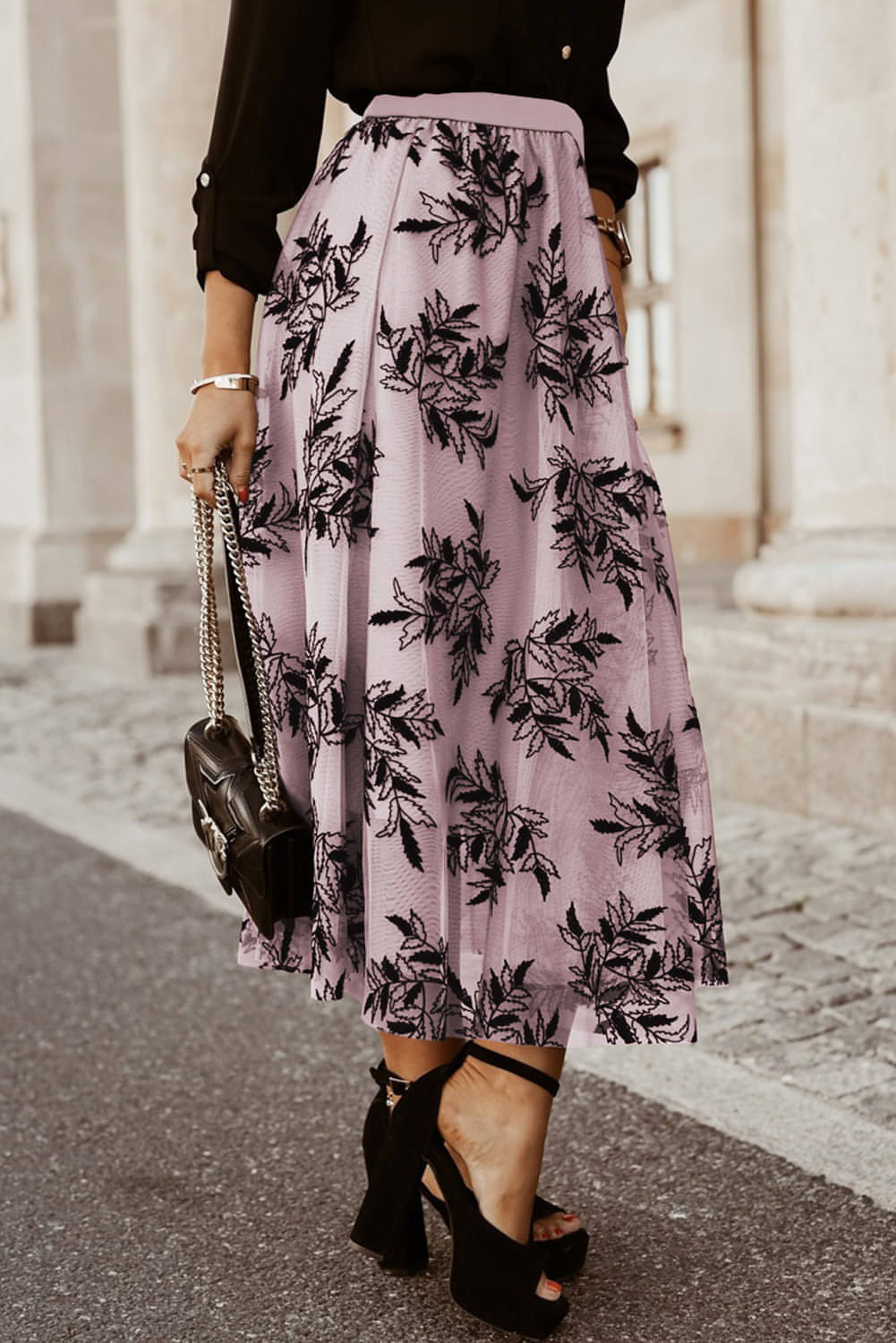 Peach Blossom Floral Leaves Embroidered High Waist Maxi Skirt | Carmine Juneberry