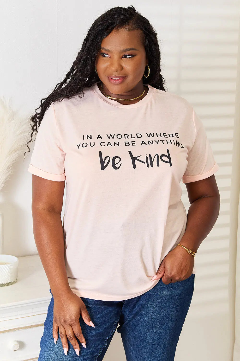 Simply Love Slogan Graphic Cuffed T-Shirt – Be Kind Statement Tee | Crimson Medea