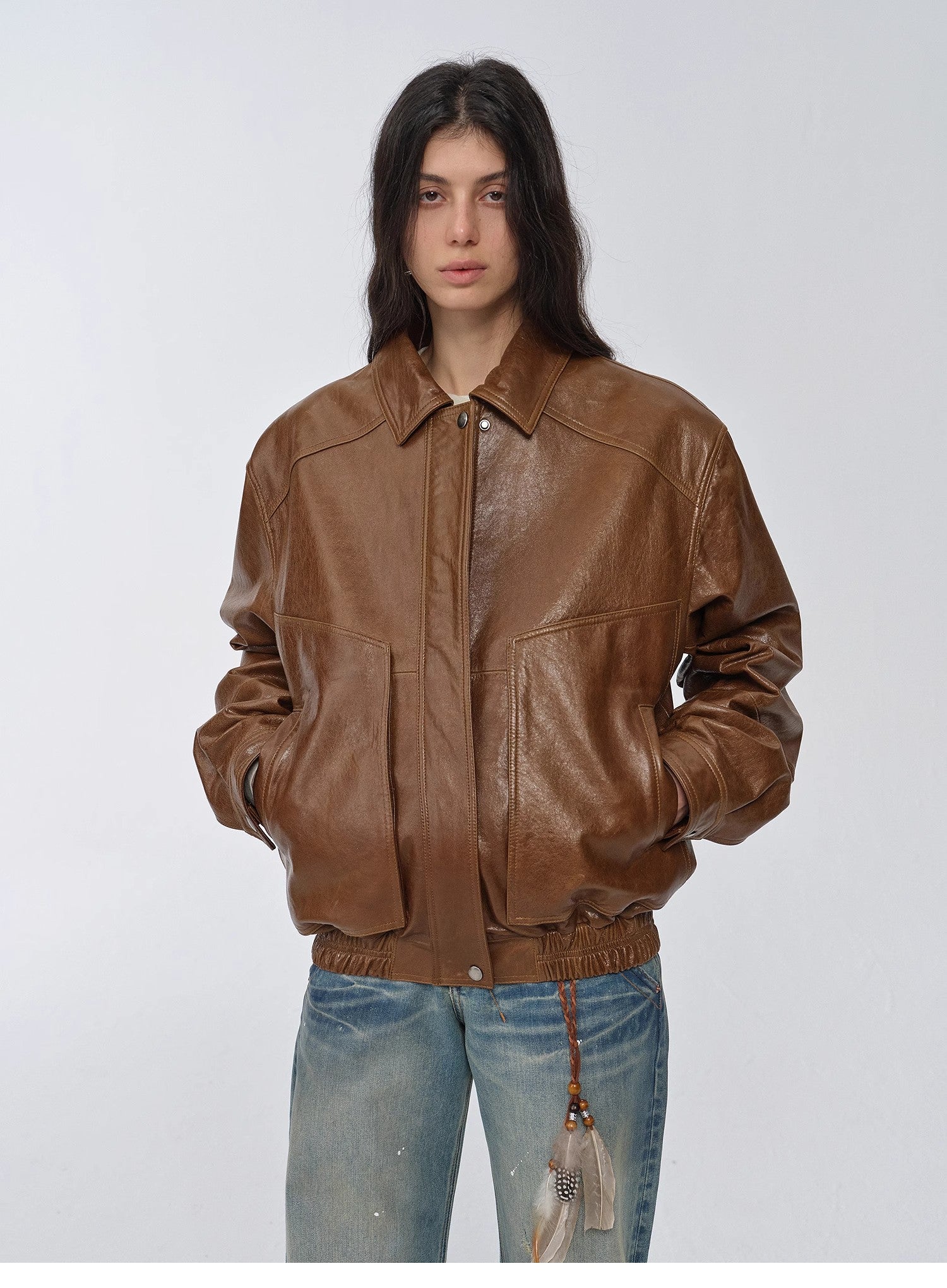 Imported waxed sheep leather retro work jacket coat for women | Brown Coeus
