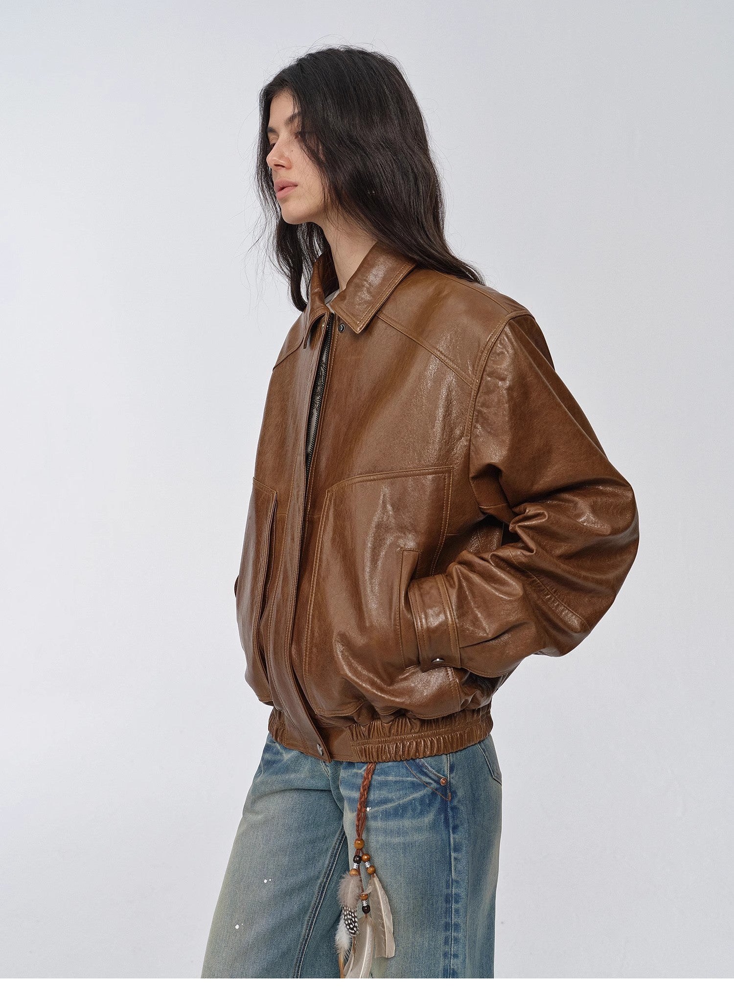 Imported waxed sheep leather retro work jacket coat for women | Brown Coeus