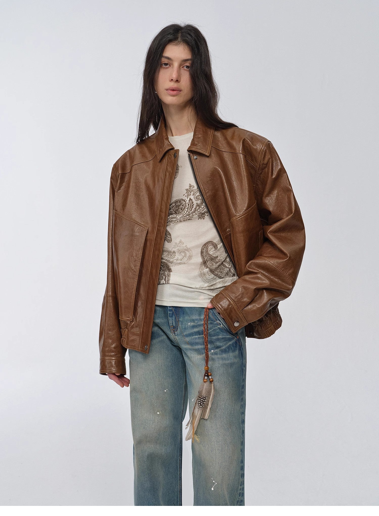 Imported waxed sheep leather retro work jacket coat for women | Brown Coeus