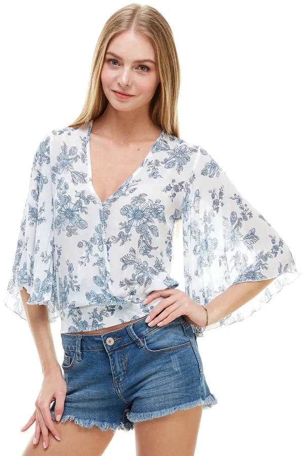 Long Sleeve Surplice Floral Top | Tie-Back Deep V Blouse | Indigo Arrowwood