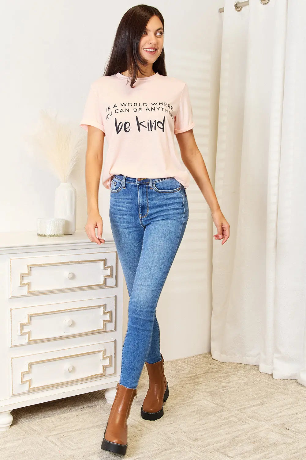 Simply Love Slogan Graphic Cuffed T-Shirt – Be Kind Statement Tee | Crimson Medea