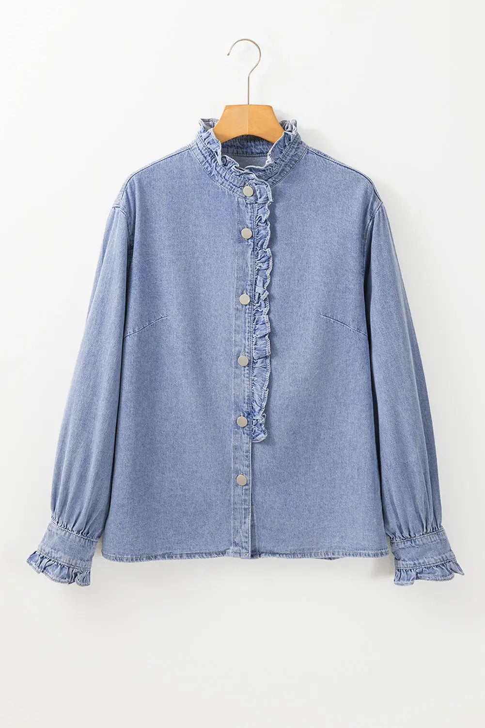 Beau Blue Ruffled Long Sleeve Buttoned Denim Shirt | Classic & Feminine | Carmine Juneberry