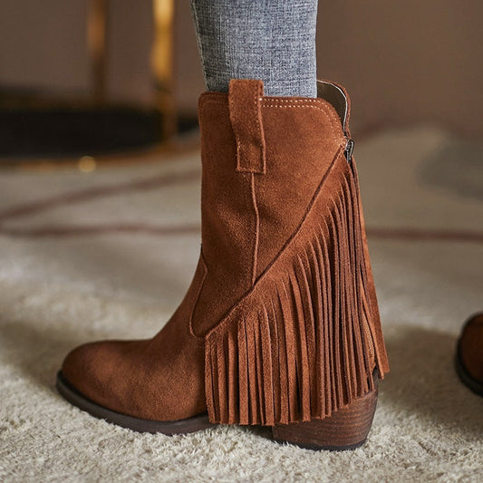 Pointed Tassel Vintage Boots with Thick Heel – "Tassel Edge" Edition