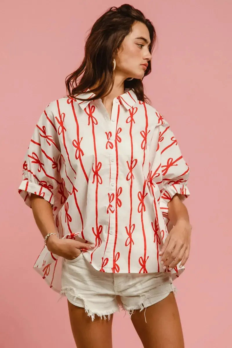 BiBi Bow Ribbon Woven Printed Button Down Shirt | Feminine Button-Up Top | Jade Icarus