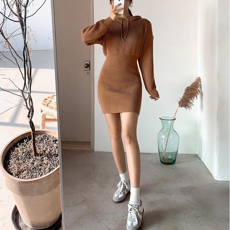 Casual hooded collar women sweater dress Bat sleeves drawstring ladies | Jade