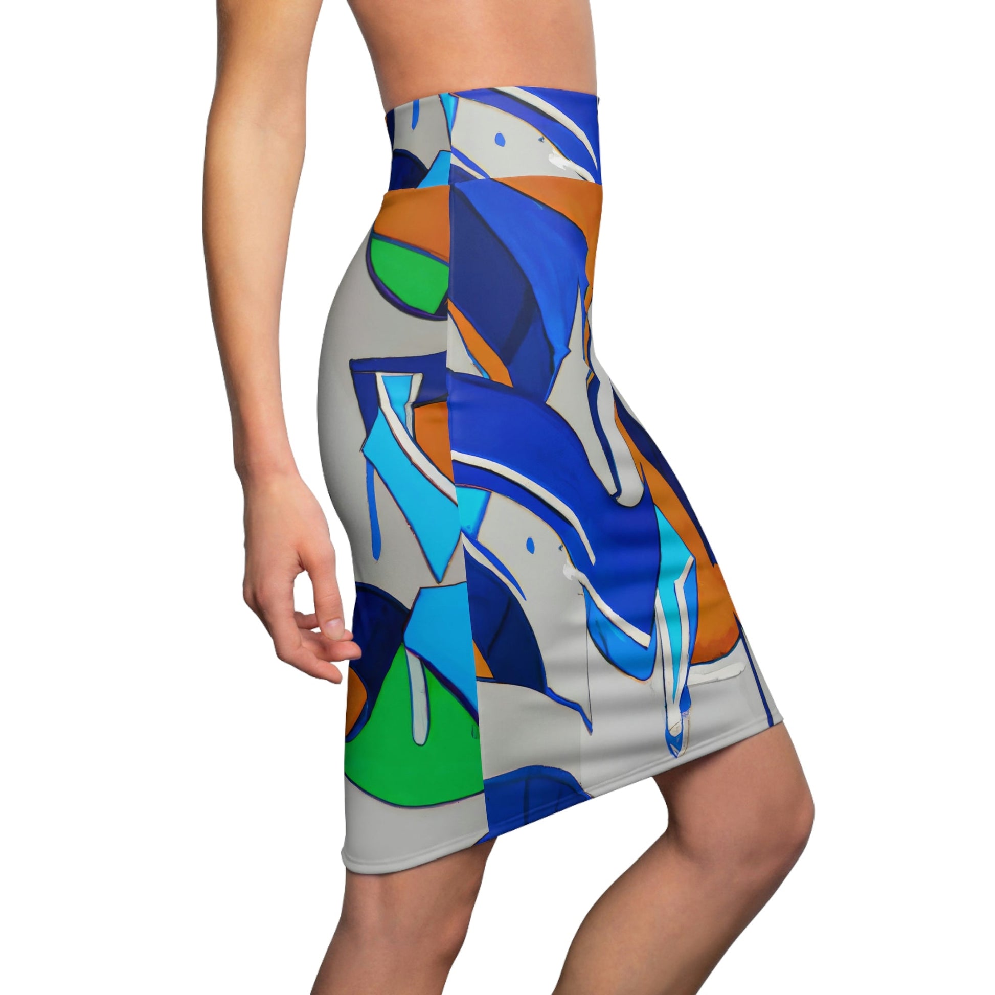 High Waist Womens Pencil Skirt - Contour Stretch, Abstract Graffiti | Grey Coco