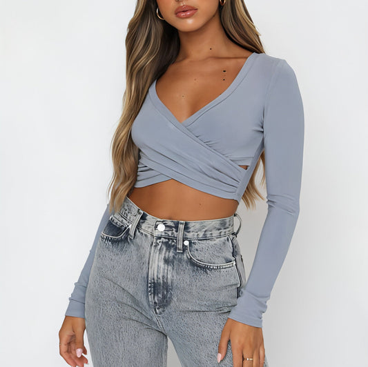 Women's Clothing Cross V-neck Stitching Slim-fit Long-sleeved