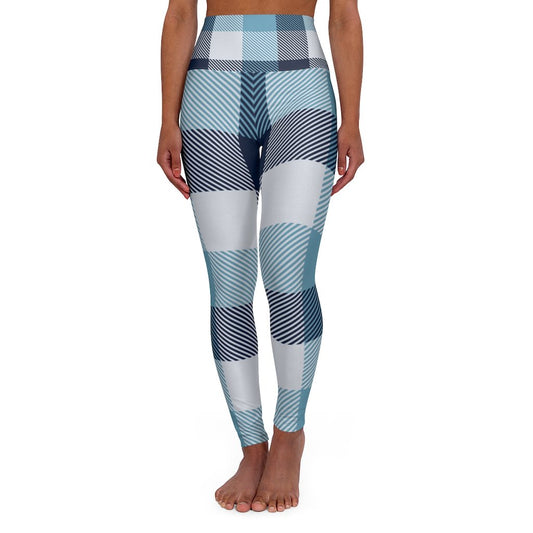 Womens High-waist Fitness Legging Yoga Pants - Blue White Plaid | Grey Coco
