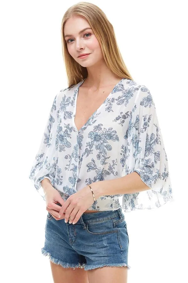Long Sleeve Surplice Floral Top | Tie-Back Deep V Blouse | Indigo Arrowwood