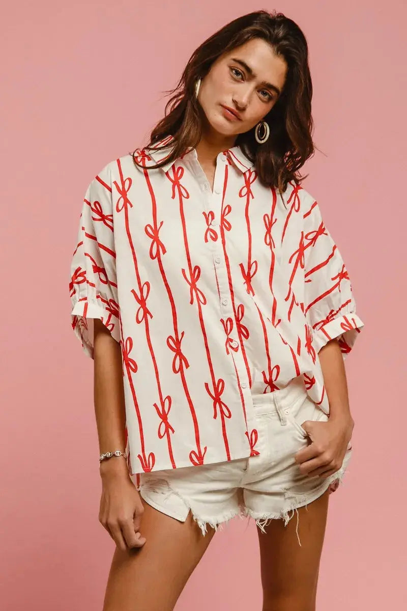 BiBi Bow Ribbon Woven Printed Button Down Shirt | Feminine Button-Up Top | Jade Icarus