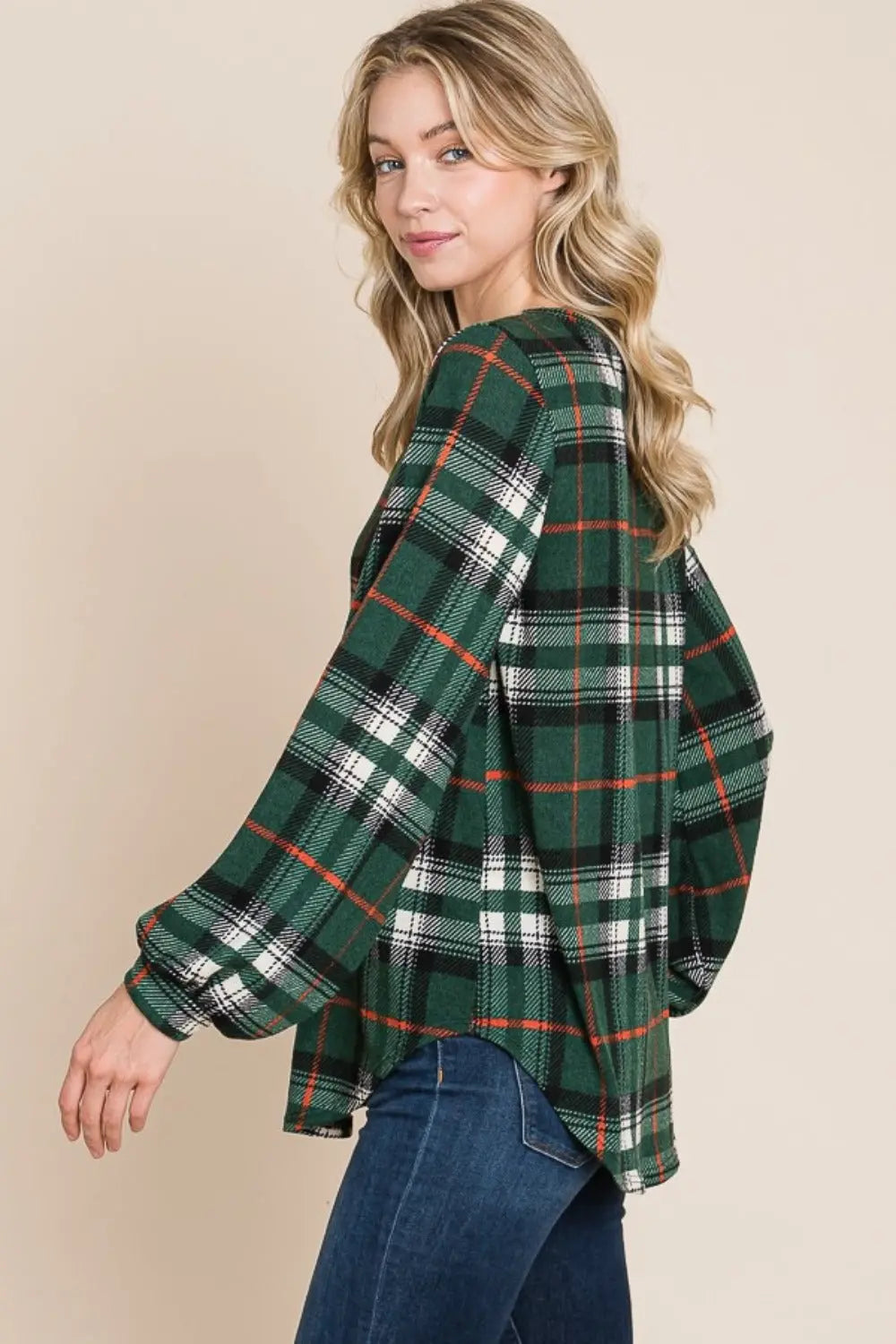 BOMBOM Curved Hem Plaid Round Neck Long Sleeve Top | Stylish Casual Tee | Jade Icarus