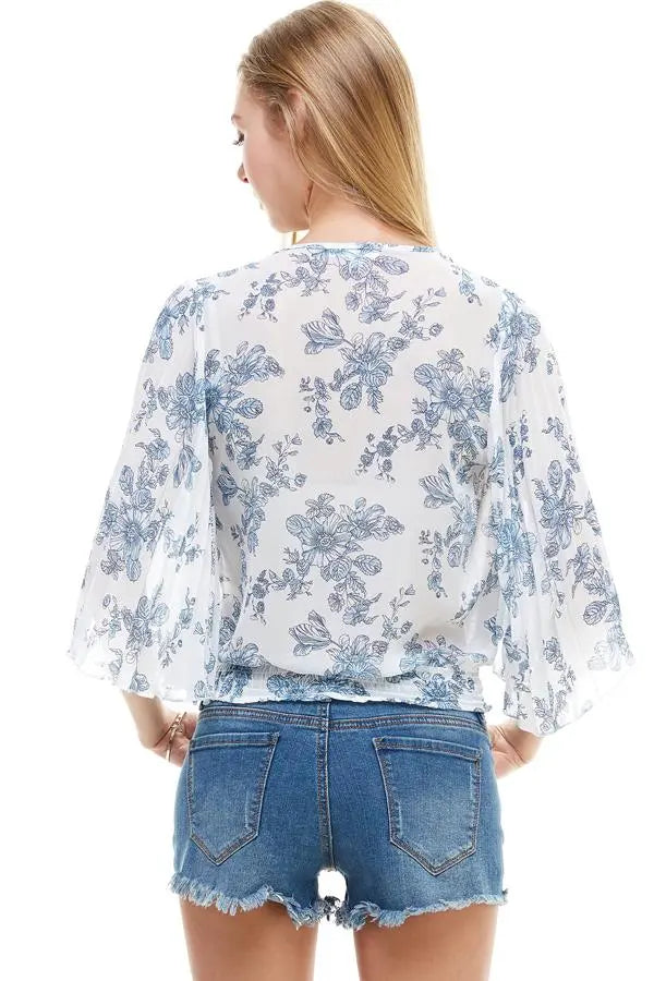 Long Sleeve Surplice Floral Top | Tie-Back Deep V Blouse | Indigo Arrowwood