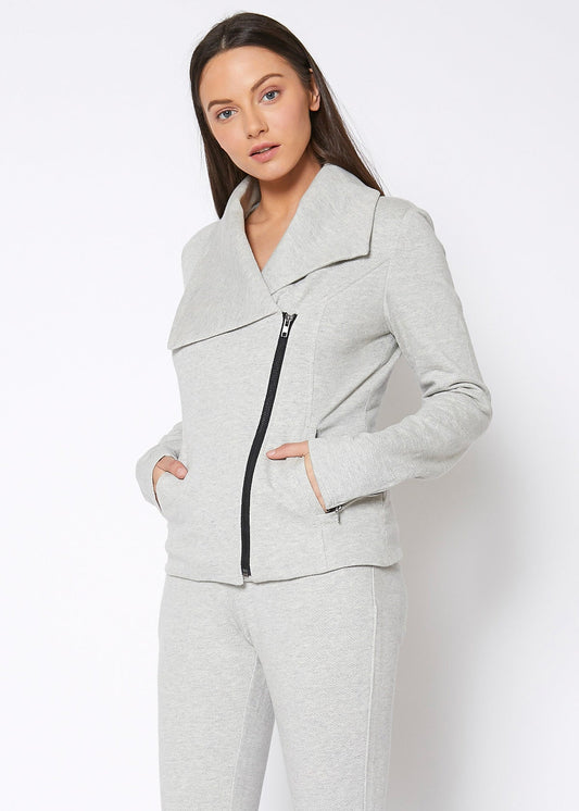 Women's Oversized Collar Zip-Up Moto Jacket In Heather Grey | Lemon Hera