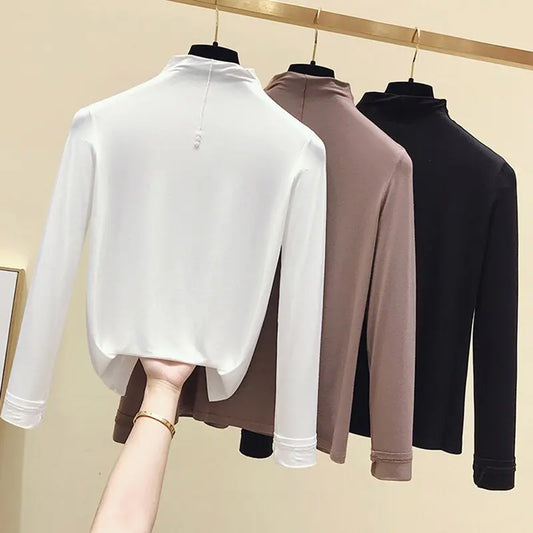 Women Solid Long Sleeve T-Shirt Vogue O-Neck | Casual Cotton-Polyester Top | Ivory Erebus