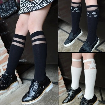 Baby Kids High Knee Socks School Cartoon Cat Lace