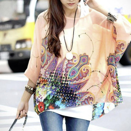 Womens Paisley Print Chiffon Top | Loose Fit Batwing Tunic | Yellow Pandora