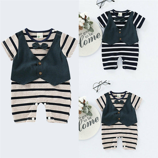 Gentlemen Kids Toddler Baby Boy Romper Striped Bow