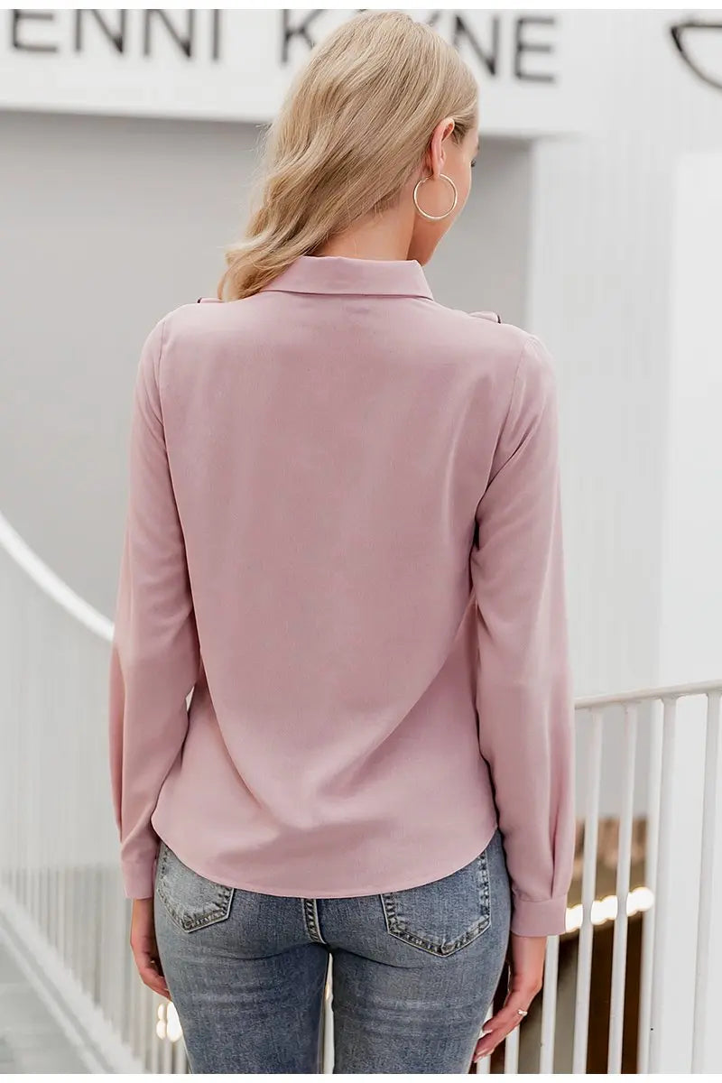 Sexy Pink Long Sleeve Neck Tie Blouse | Elegant Office OL Top | Fuchsia Simba