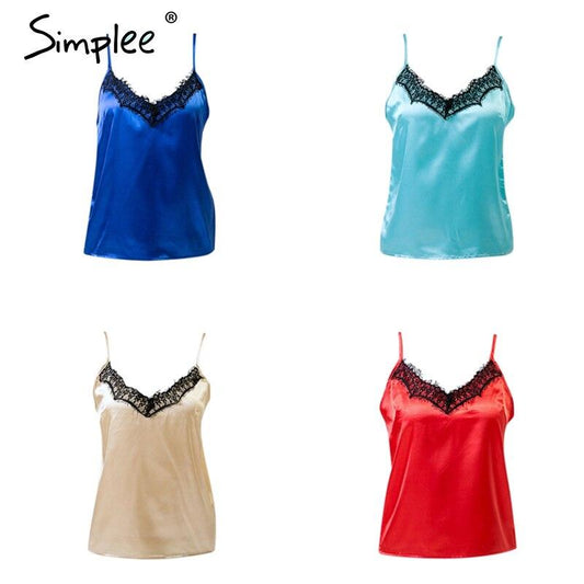 Women Sexy Solid Lace Satin Elegant V-neck Cami – Casual Satin Top with Lace