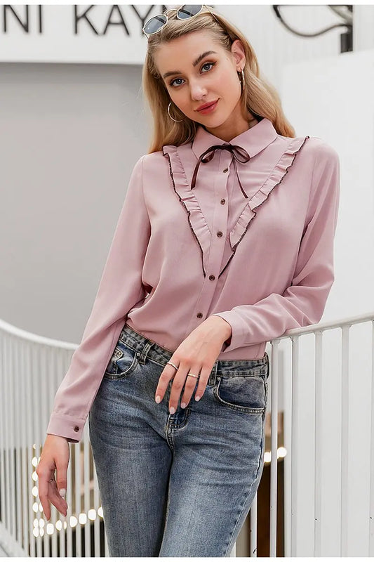 Sexy Pink Long Sleeve Neck Tie Blouse | Elegant Office OL Top | Fuchsia Simba