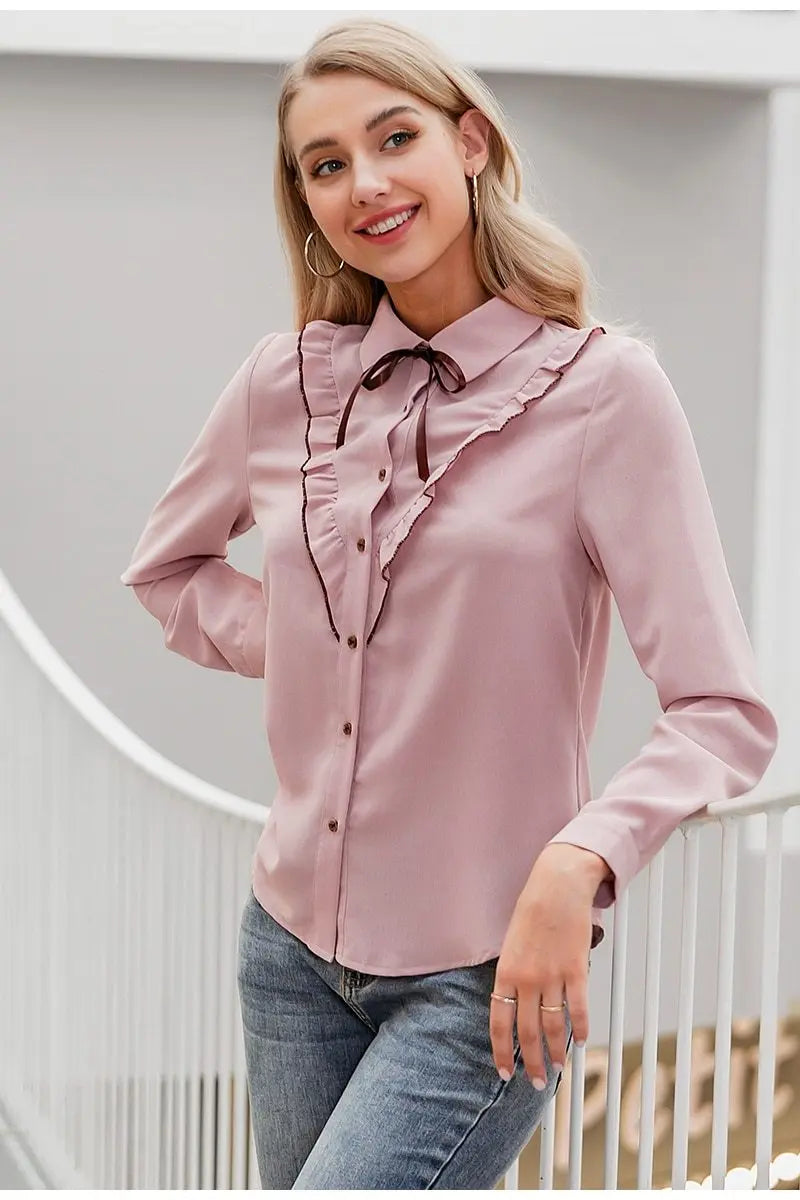 Sexy Pink Long Sleeve Neck Tie Blouse | Elegant Office OL Top | Fuchsia Simba