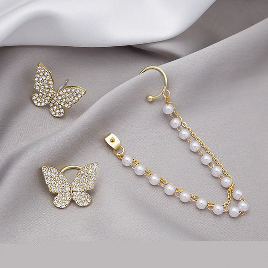 Asymmetric Butterfly Earring with Pearl Ear Clip