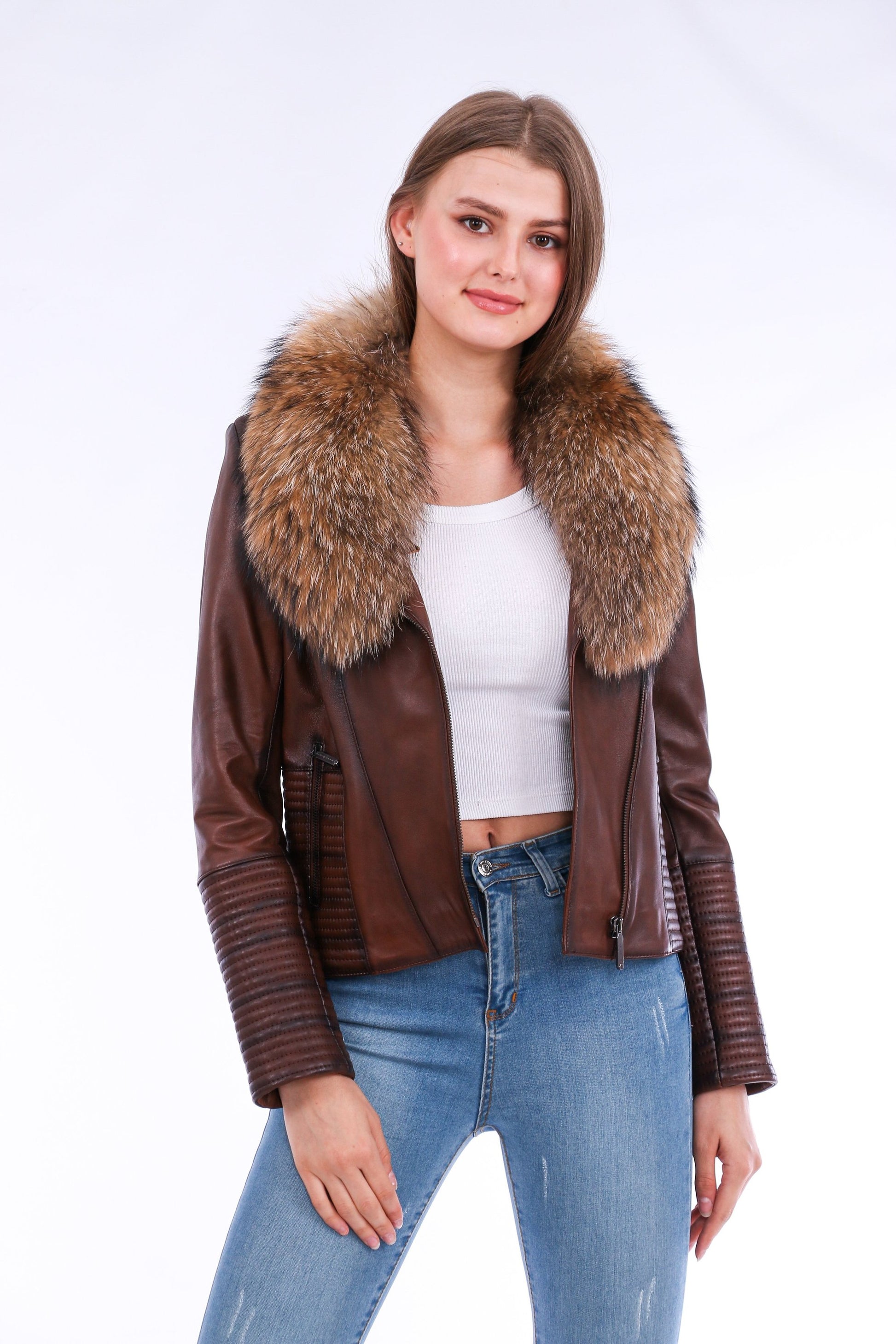 Ravenna Leather Biker Jacket - Brown | Sangria Iapetus