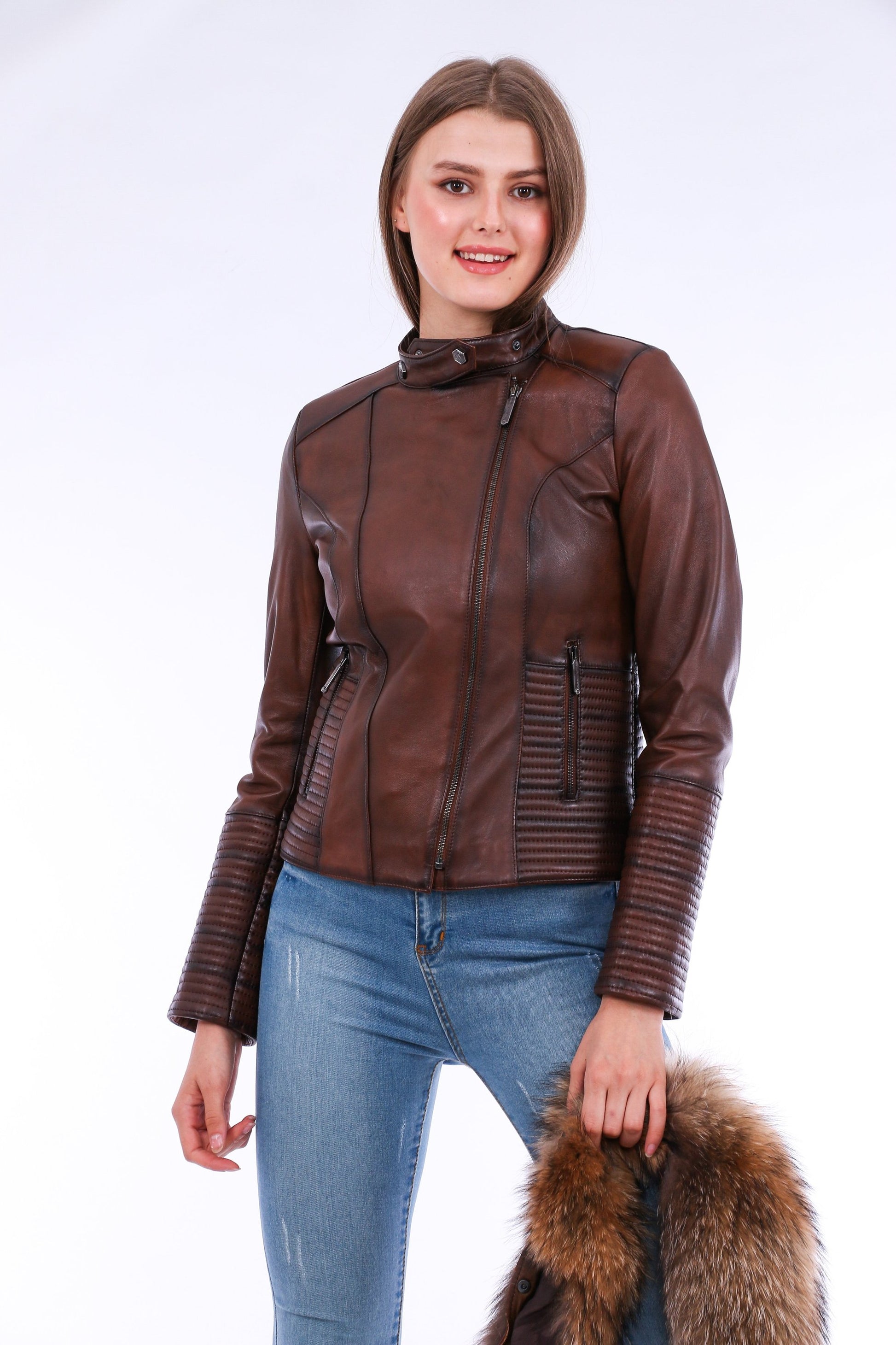 Ravenna Leather Biker Jacket - Brown | Sangria Iapetus