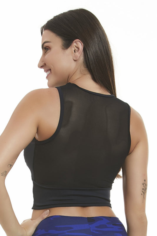 Elegance Black Crop Top – High Neck with Mesh Panel, Spandex Athleisure