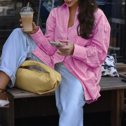 Women’s Striped Long Sleeve Button-Up Shirt – Casual Loose Fit | Crimson Medea