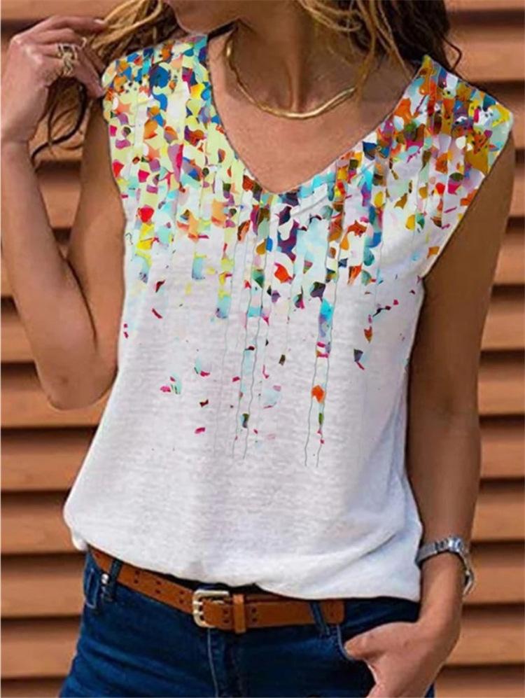 2021 Spring  New V-neck Printed Sleeveless Vest Women Top | Jade