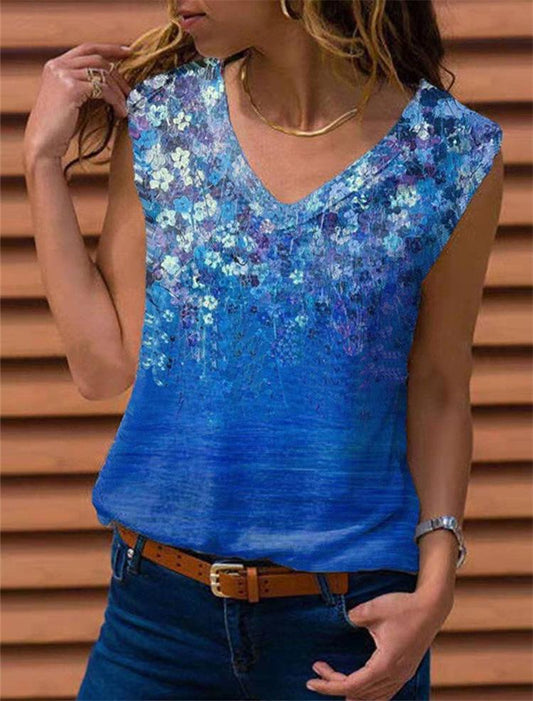 2021 Spring  New V-neck Printed Sleeveless Vest Women Top | Jade