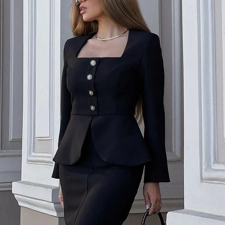 Women Square Collar Long Sleeve Cardigan Top & Midi Skirt Set | Elegant Slim Fit | Crimson Medea