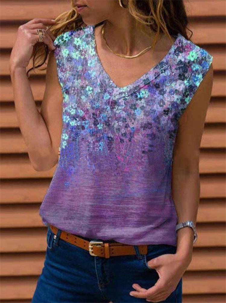 2021 Spring  New V-neck Printed Sleeveless Vest Women Top | Jade