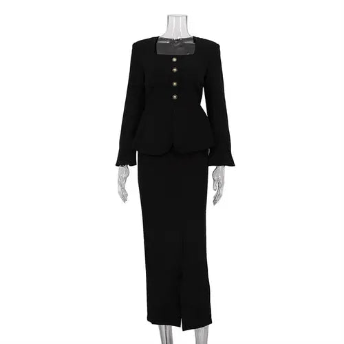 Women Square Collar Long Sleeve Cardigan Top & Midi Skirt Set | Elegant Slim Fit | Crimson Medea