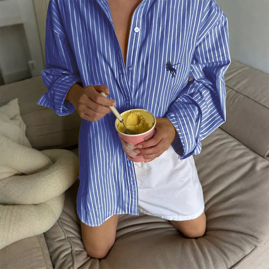 Women’s Striped Long Sleeve Button-Up Shirt – Casual Loose Fit | Crimson Medea