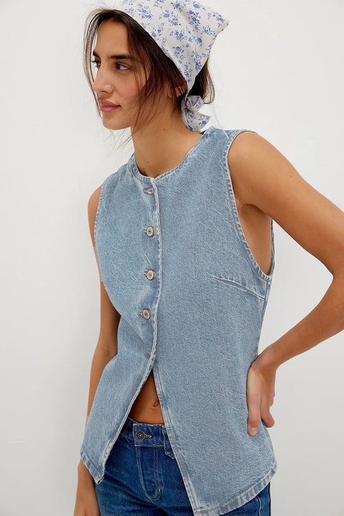 Casual Slim Fit Buttoned Women Clothing Denim Sleeveless Vest | Crimson Medea