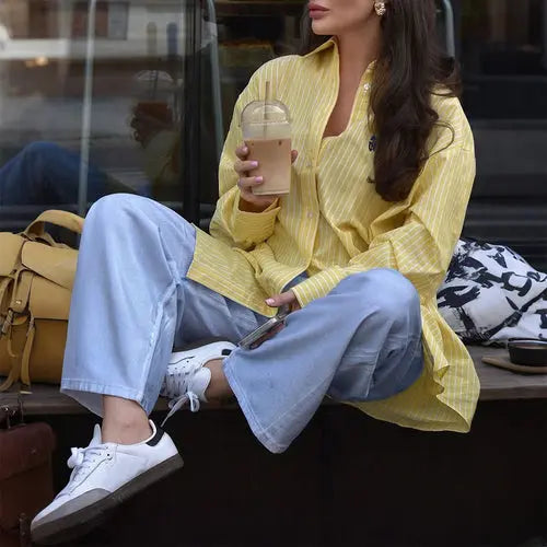 Women’s Striped Long Sleeve Button-Up Shirt – Casual Loose Fit | Crimson Medea