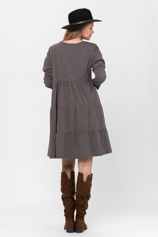 Long Sleeve 3 Tiered Casual Flared Cotton Mini Dress