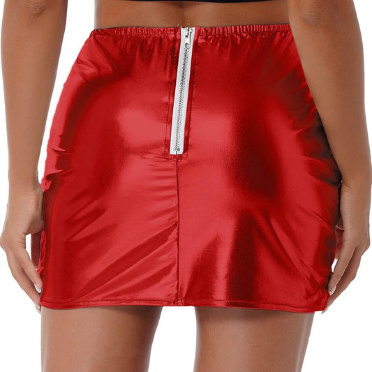 Womens Metallic Shiny Skirts Winter Warm A-Line Mini Skirt | Red Iphigenia