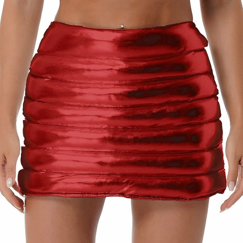 Womens Metallic Shiny Skirts Winter Warm A-Line Mini Skirt | Red Iphigenia