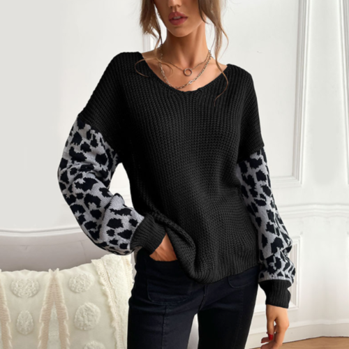 Womens V Neck Sweater With Leopard Print Sleeves | Yellow Pandora