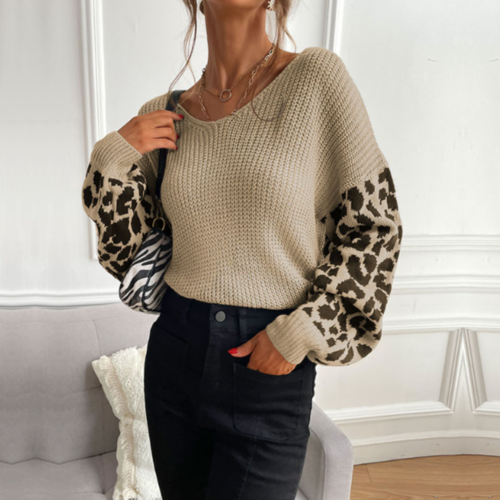 Womens V Neck Sweater With Leopard Print Sleeves | Yellow Pandora