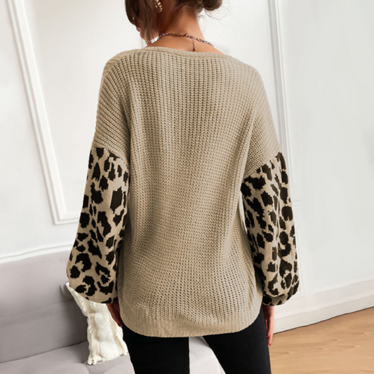 Womens V Neck Sweater With Leopard Print Sleeves | Yellow Pandora
